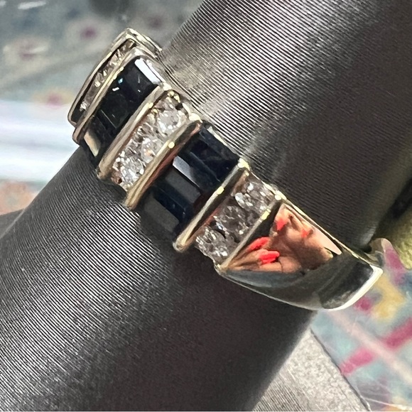 14k White Gold Diamond & Sapphire Band Ring - Picture 3 of 8